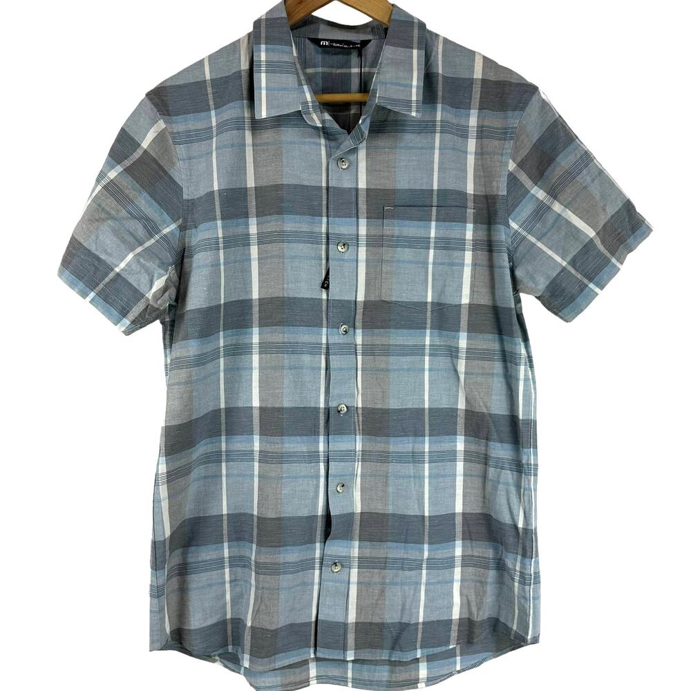 Travis Mathew NWT Ukulele Serenade Plaid Short Sleeve Button Up M Blue Gray